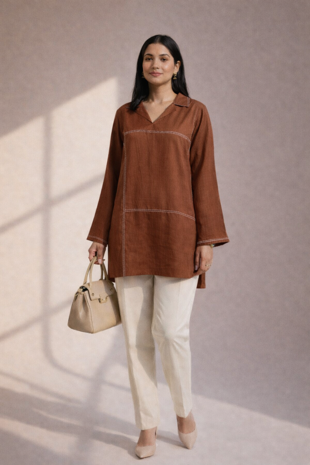 Women’s Solid Tunic Kurti – Relaxed Fit, V-Neck