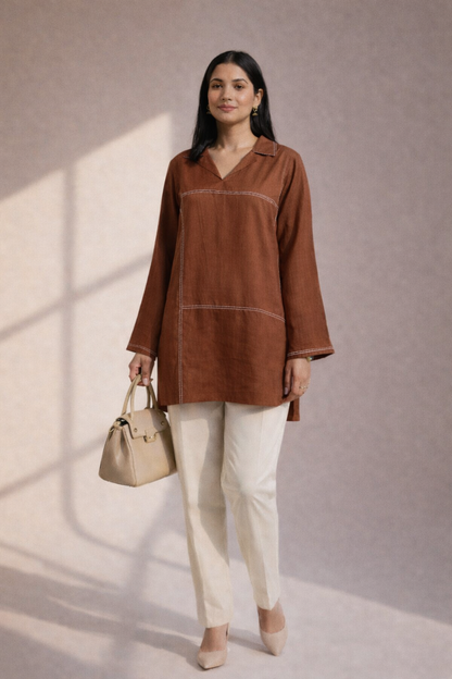 Women’s Solid Tunic Kurti – Relaxed Fit, V-Neck