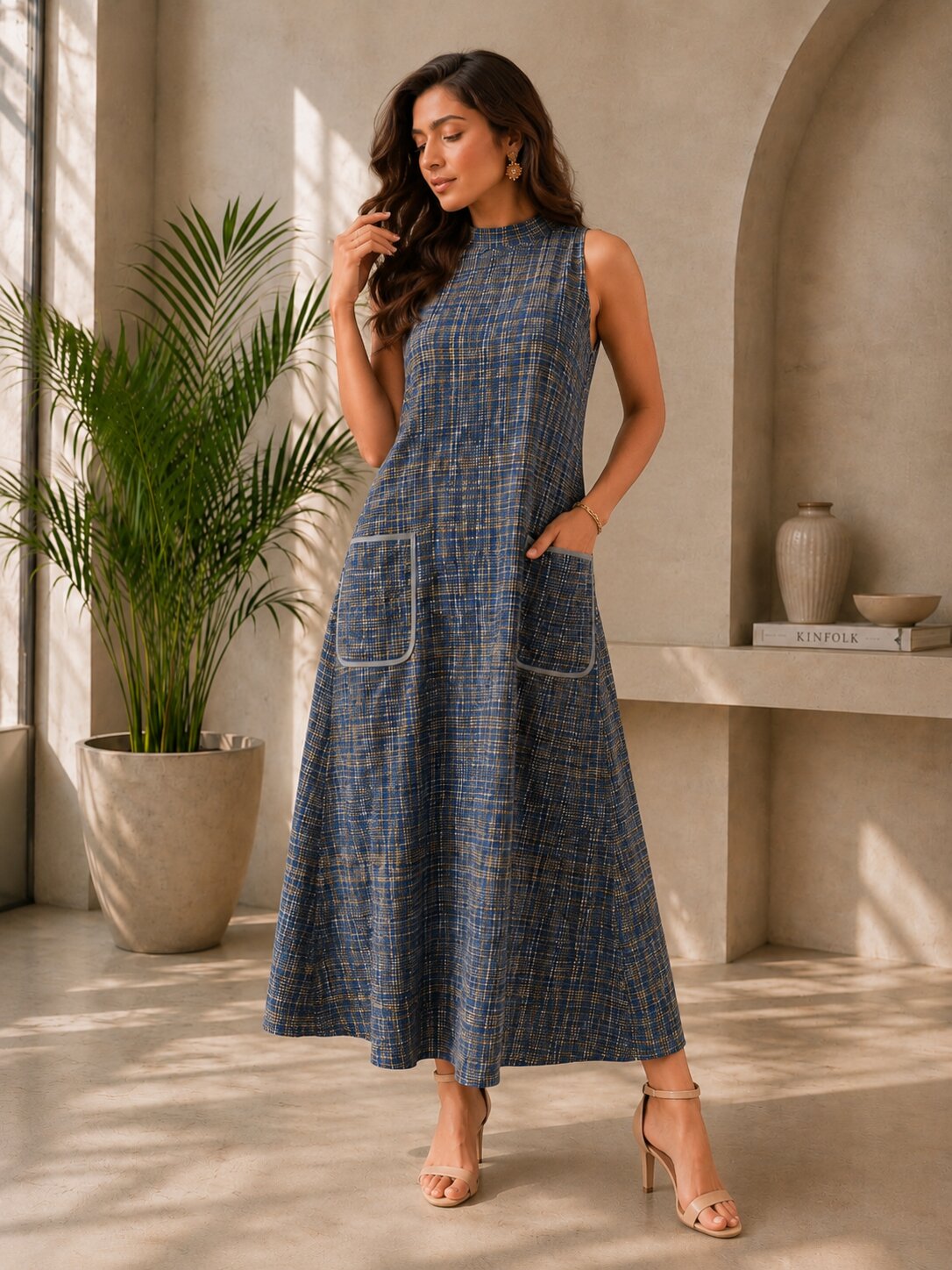 Women's Sleeveless Khadi Long Dress with Pockets