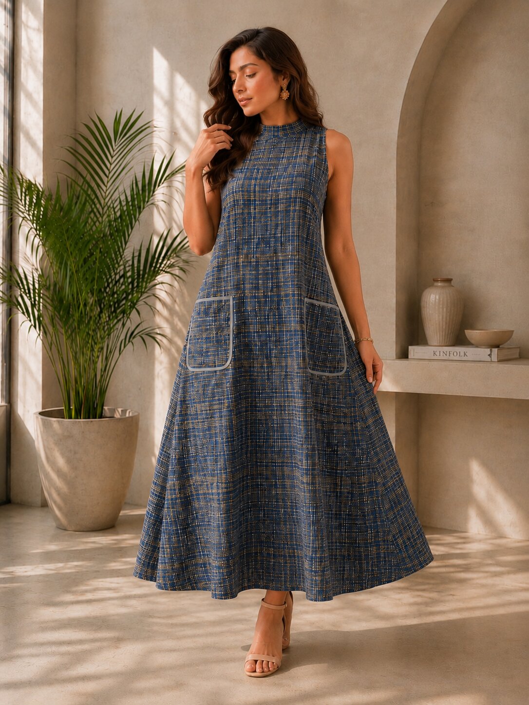 Women's Sleeveless Khadi Long Dress with Pockets