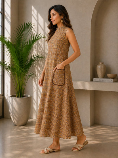 Women's Sleeveless Khadi Long Dress with Pockets