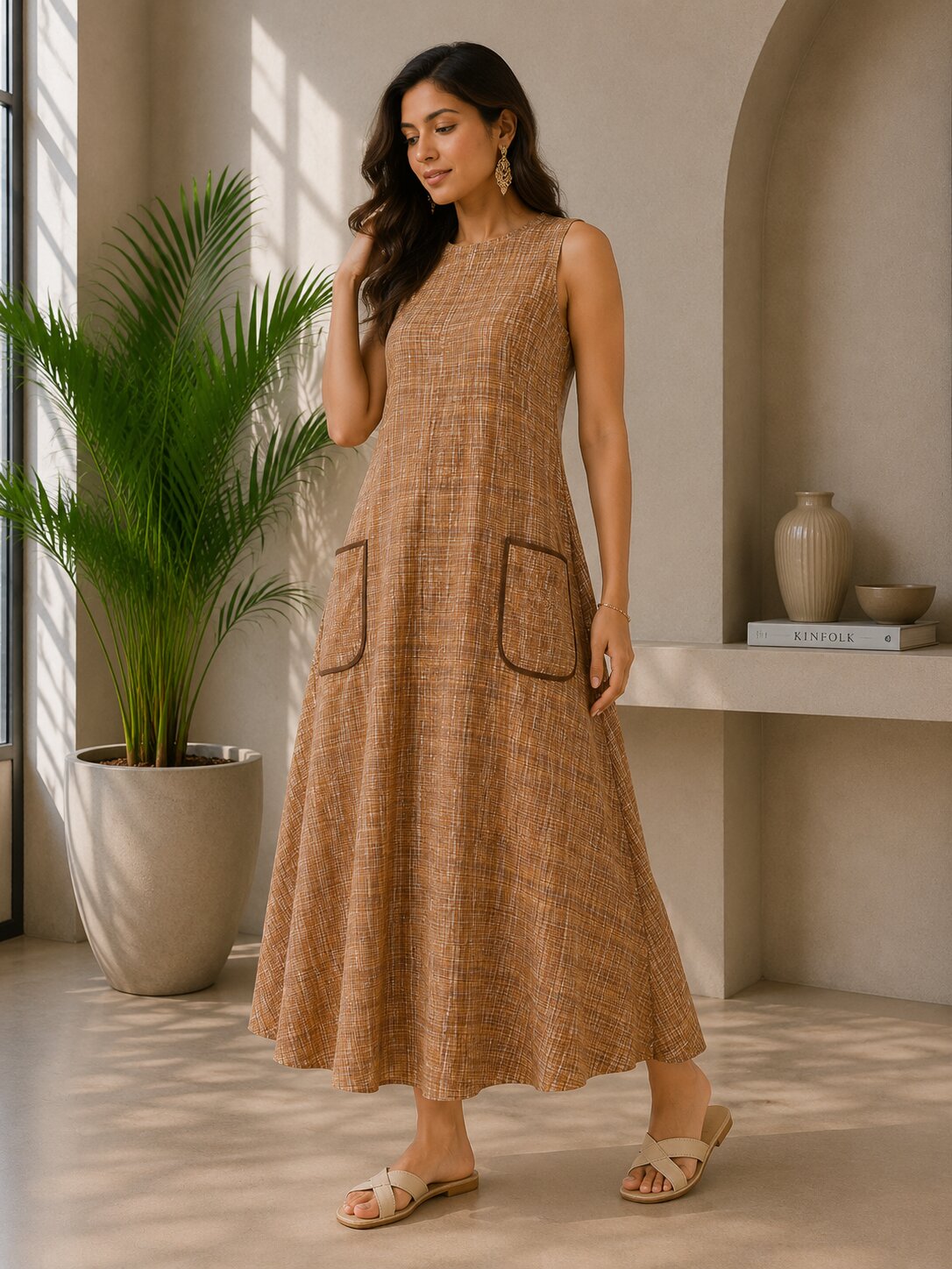 Women's Sleeveless Khadi Long Dress with Pockets