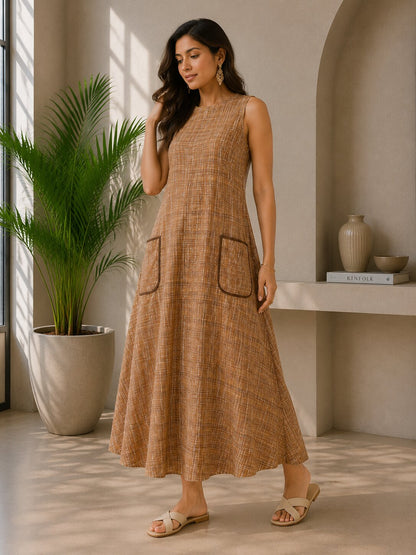 Women's Sleeveless Khadi Long Dress with Pockets