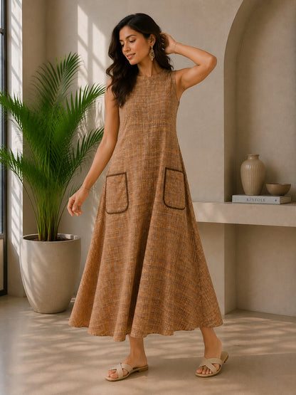 Women's Sleeveless Khadi Long Dress with Pockets