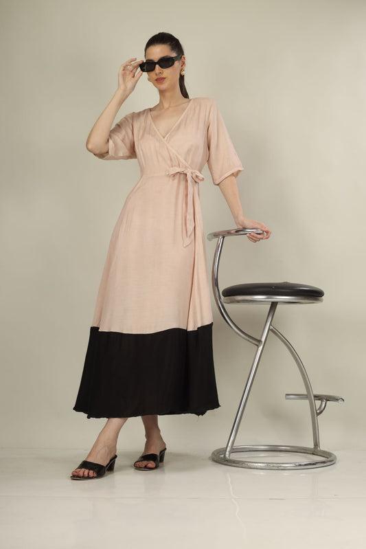 "Chic Beige & Black Overlap Dress with Knot Detail – Perfect for Parties & Formal Events"