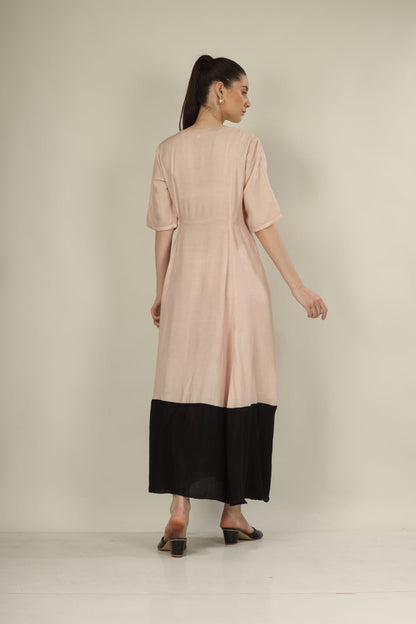 "Chic Beige & Black Overlap Dress with Knot Detail – Perfect for Parties & Formal Events"