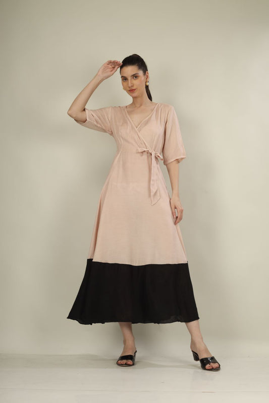 "Chic Beige & Black Overlap Dress with Knot Detail – Perfect for Parties & Formal Events"