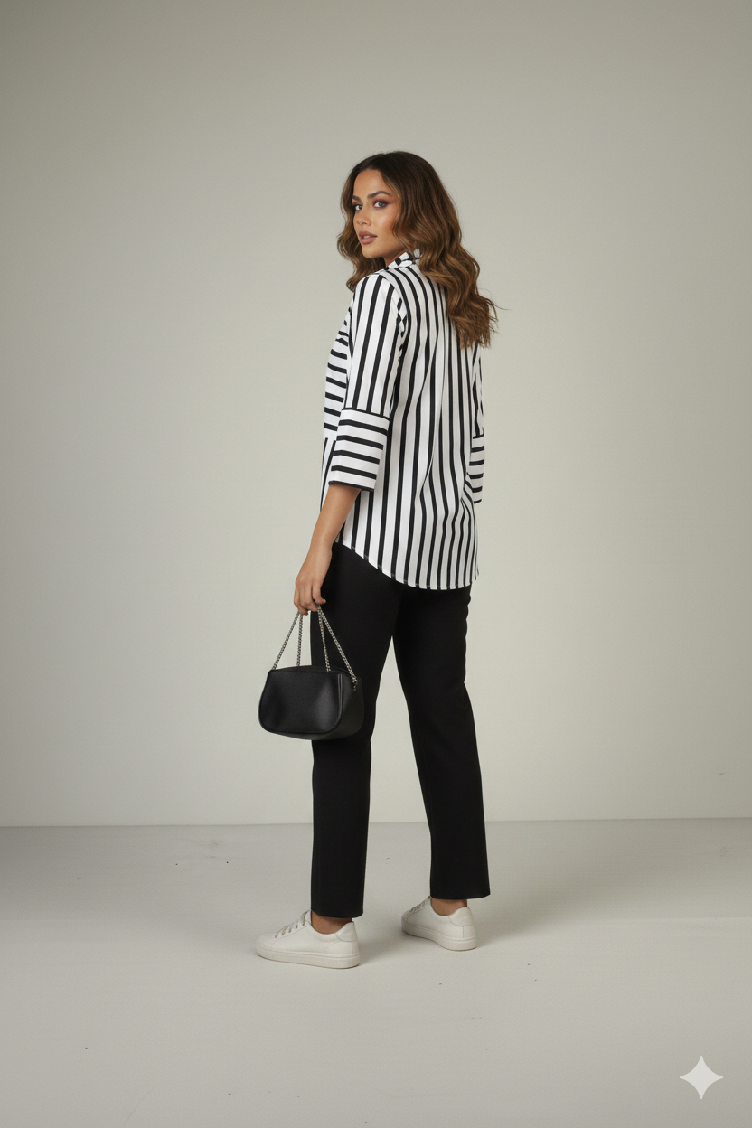 Black & White Striped Button-Down Shirt with Contrast Paneling