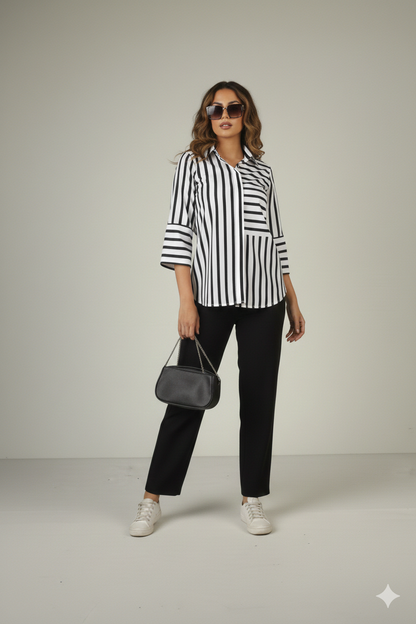 Black & White Striped Button-Down Shirt with Contrast Paneling