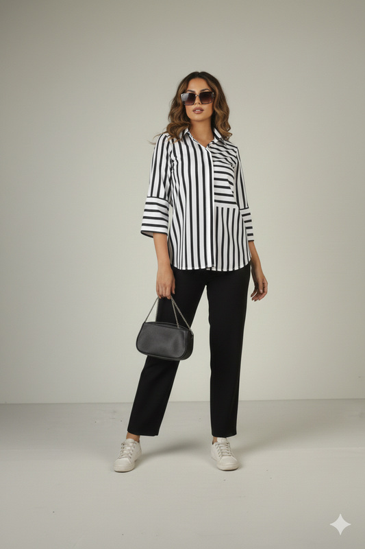 Black & White Striped Button-Down Shirt with Contrast Paneling