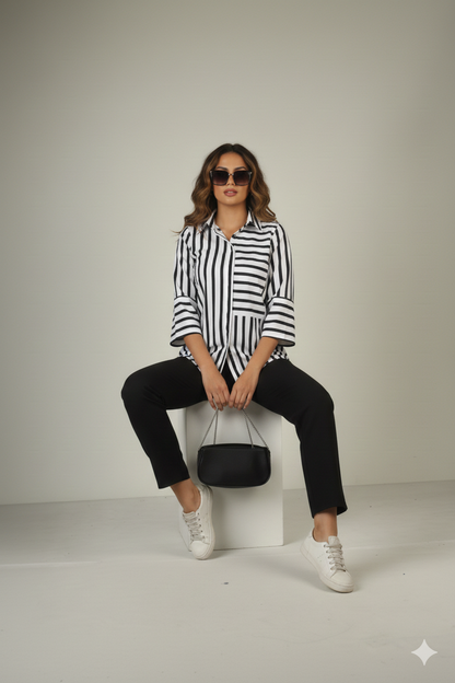 Black & White Striped Button-Down Shirt with Contrast Paneling