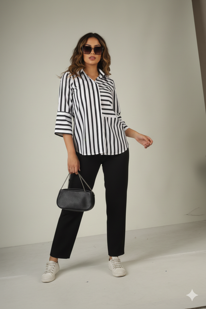 Black & White Striped Button-Down Shirt with Contrast Paneling