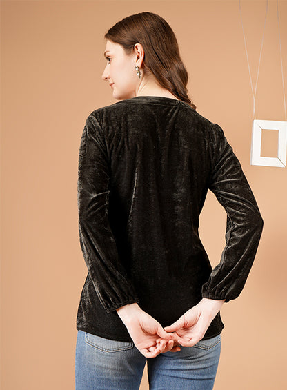 Trendy Green Velvet Shoulder Gather Top with Cuff Sleeves – Perfect for All Occasions