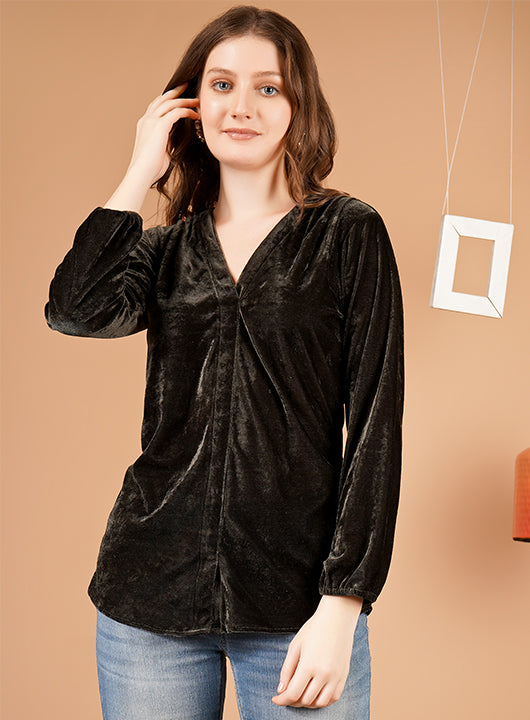 Trendy Green Velvet Shoulder Gather Top with Cuff Sleeves – Perfect for All Occasions