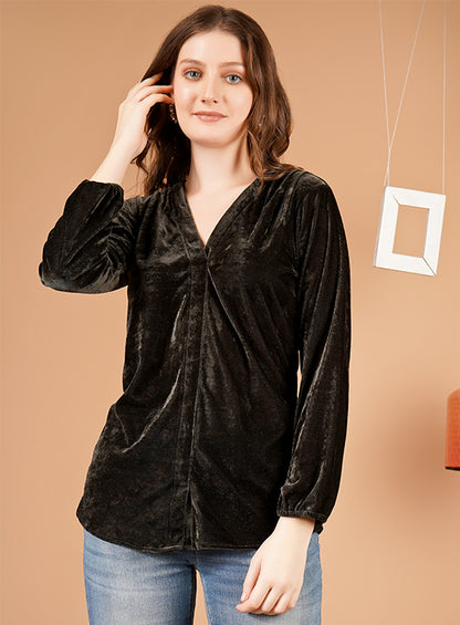 Trendy Green Velvet Shoulder Gather Top with Cuff Sleeves – Perfect for All Occasions