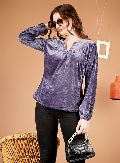 Trendy Grey Top with Gathered Sleeves – Perfect for Trousers & Skirts