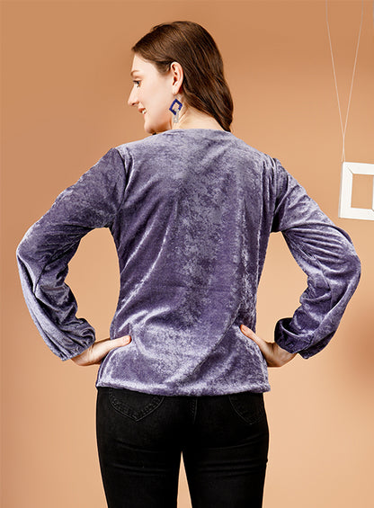 Trendy Grey Top with Gathered Sleeves – Perfect for Trousers & Skirts