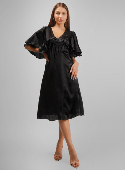 Solid Black Satin Dress – Elegant Party Wear with Unique Style