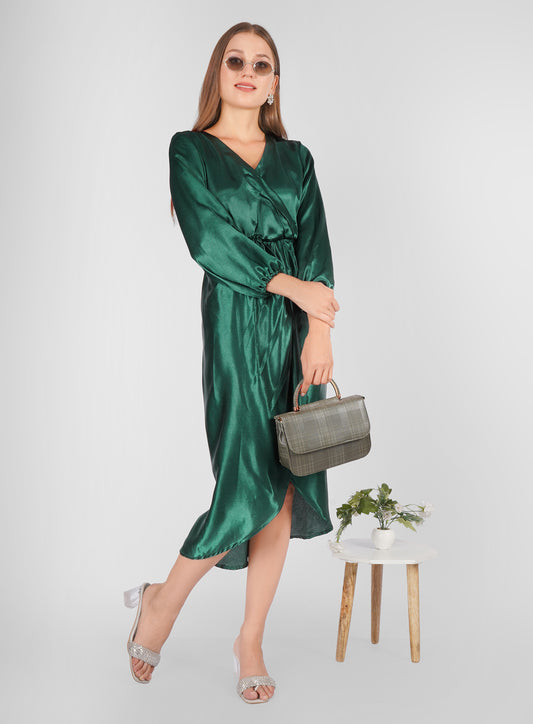 Elegant Green Satin Dress – Overlap Neckline Party & Evening Wear