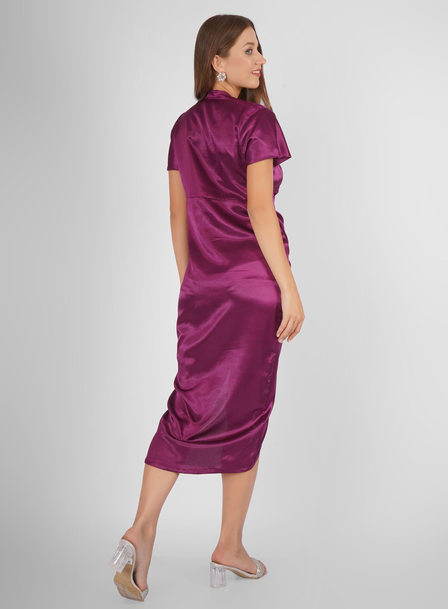 Solid Burgundy Satin Dress – Elegant Drape Style Party Wear