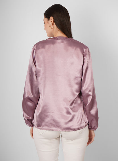 Elevate your style with this V-neck striped satin top featuring elegant pink stripes and full sleeves.