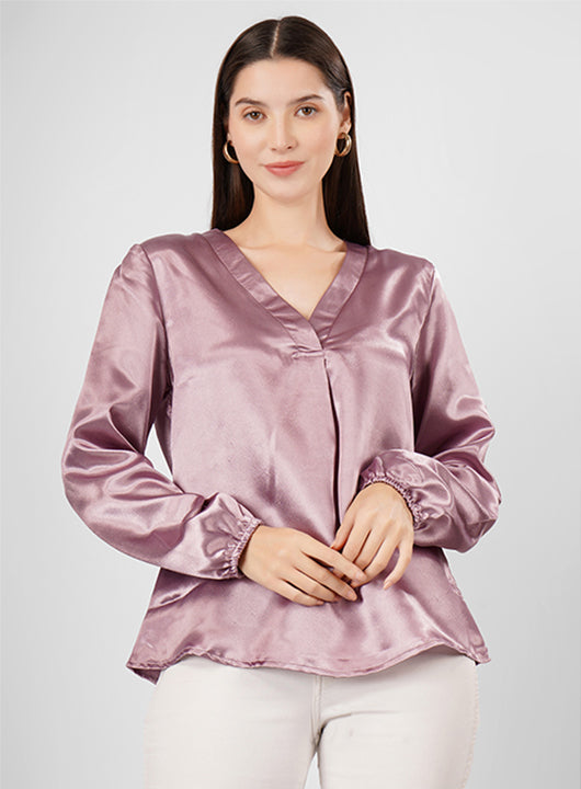 Elevate your style with this V-neck striped satin top featuring elegant pink stripes and full sleeves.