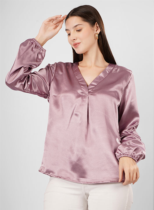 Elevate your style with this V-neck striped satin top featuring elegant pink stripes and full sleeves.