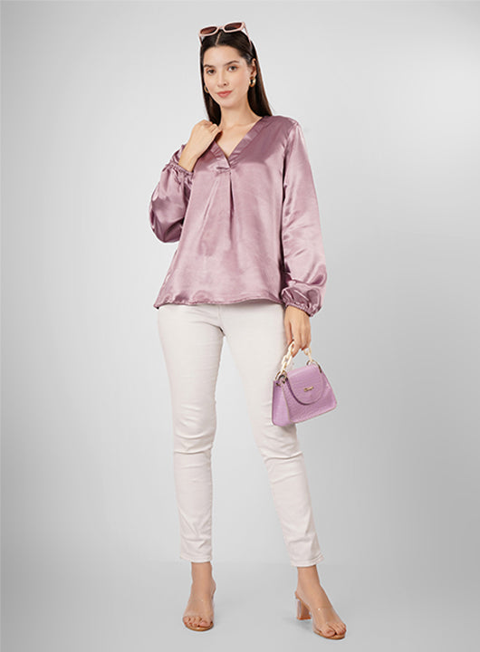 Elevate your style with this V-neck striped satin top featuring elegant pink stripes and full sleeves.
