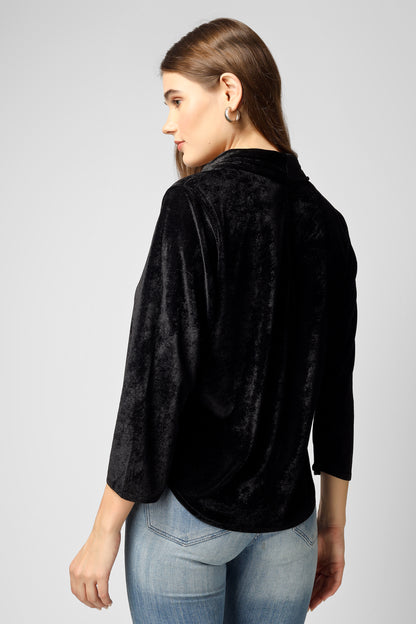 Elegant Black Velvet Shirt Top with Full Sleeves & Front Buttons