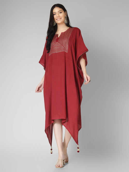 Elegant Maroon Kaftan Dress with Thread Detailing