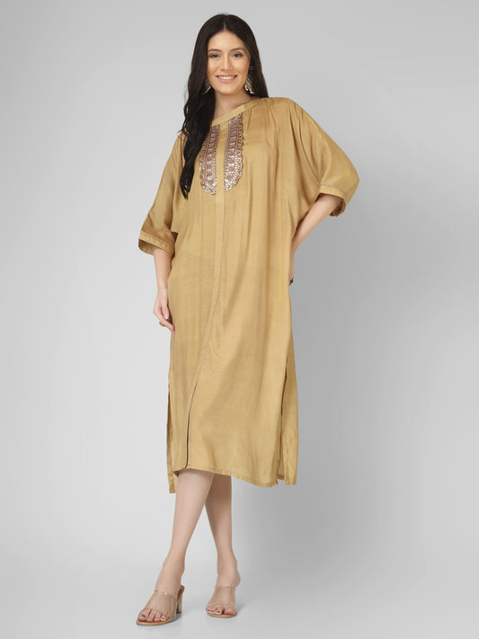 “Elegant Gota-Neck Long Kaftan Dress with Designer Hanging Accents”