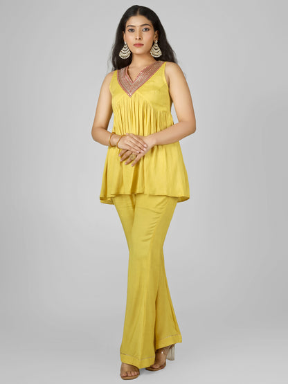 Mustard Yellow Embroidered Short Kurti with Palazzo & Dupatta Set