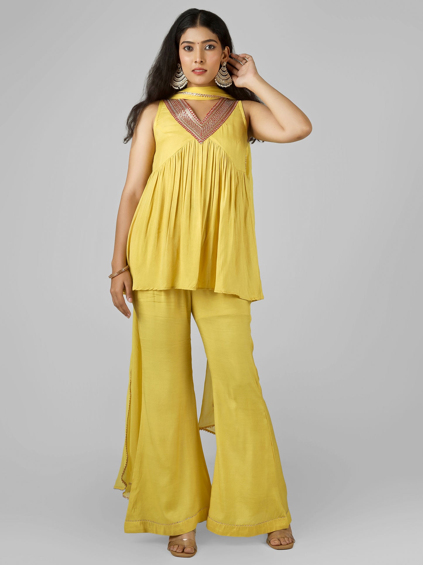 Mustard Yellow Embroidered Short Kurti with Palazzo & Dupatta Set