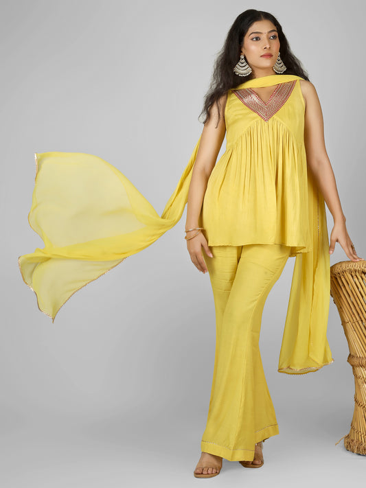 Mustard Yellow Embroidered Short Kurti with Palazzo & Dupatta Set