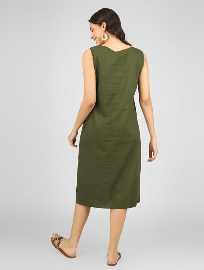 Pure Cotton Trendy Green A-Line Dress – Front Embroidered Casual Wear