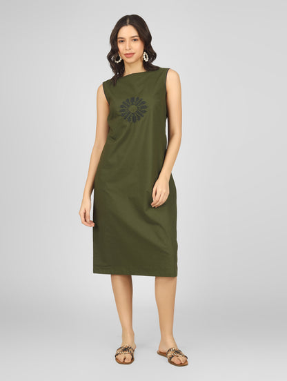 Pure Cotton Trendy Green A-Line Dress – Front Embroidered Casual Wear