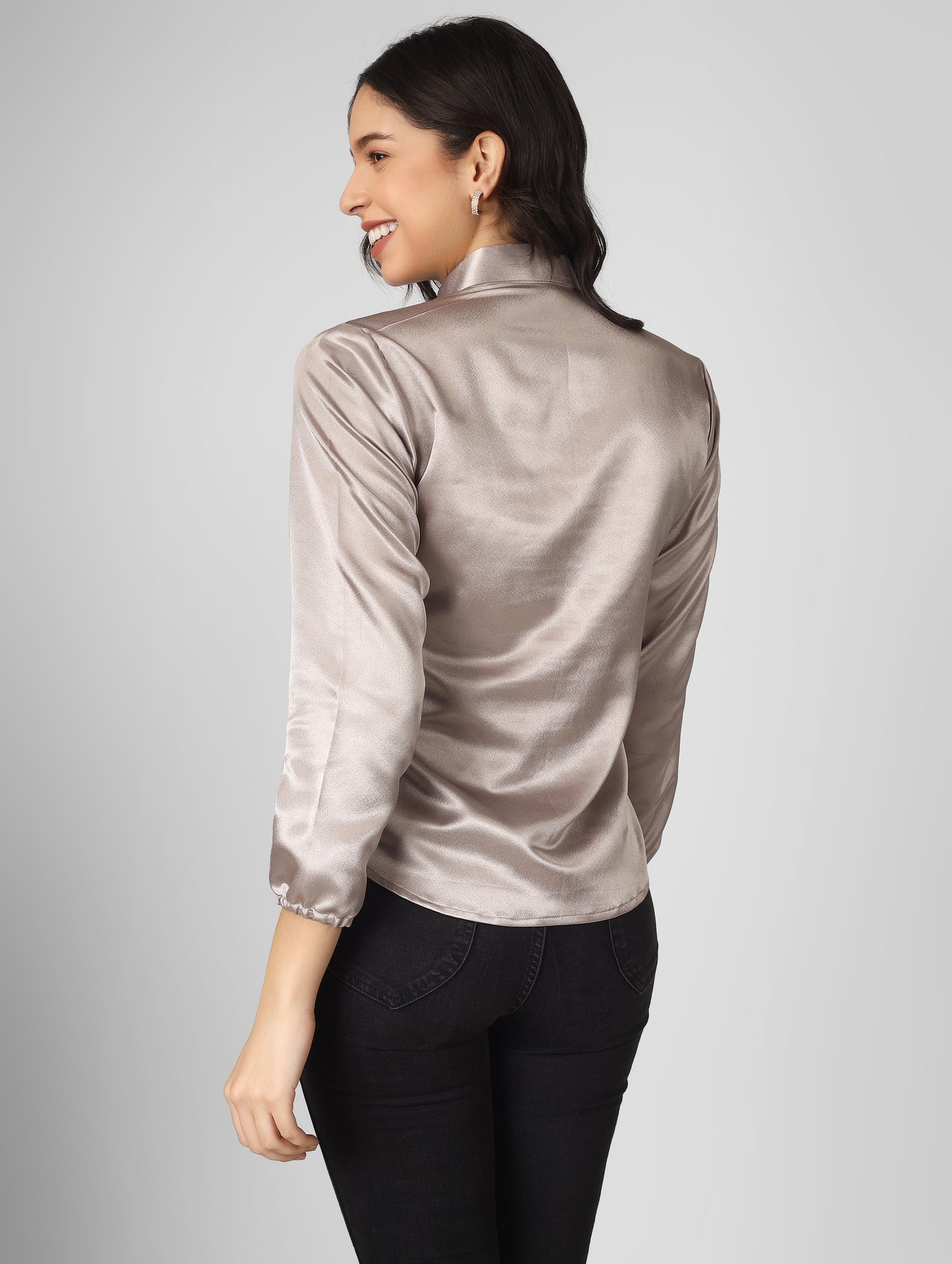 Stylish collared satin party shirt top designed for all seasons. Crafted from smooth, lustrous satin, it offers a perfect blend of elegance and comfort