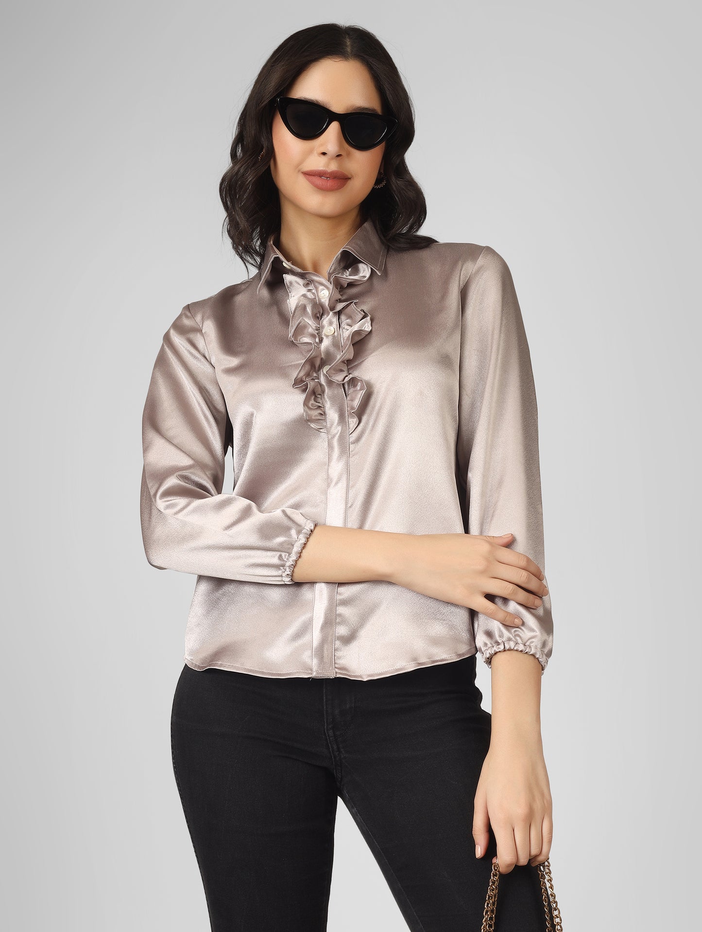 Stylish collared satin party shirt top designed for all seasons. Crafted from smooth, lustrous satin, it offers a perfect blend of elegance and comfort