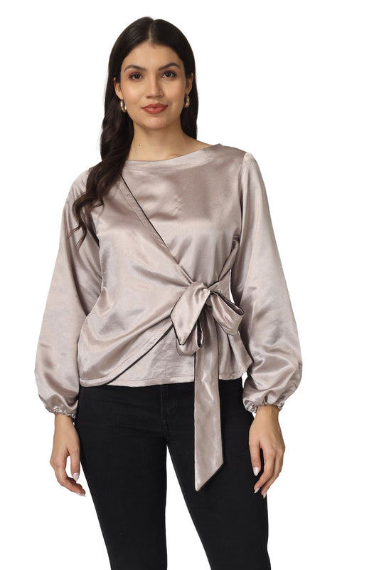 Elevate your look with this plain overlap satin top featuring full sleeves, a stylish tie knot, and neat piping detailing.