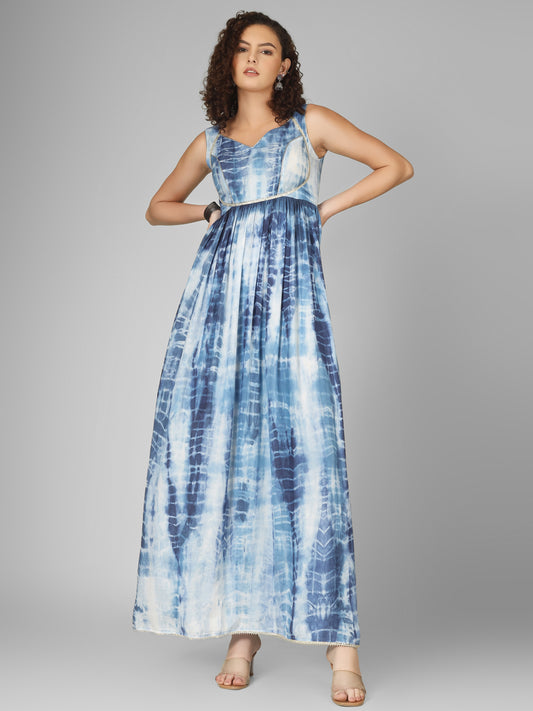 This long tie-dye blue dress is a stunning choice for the festive season. Crafted from soft, flowy fabric,
