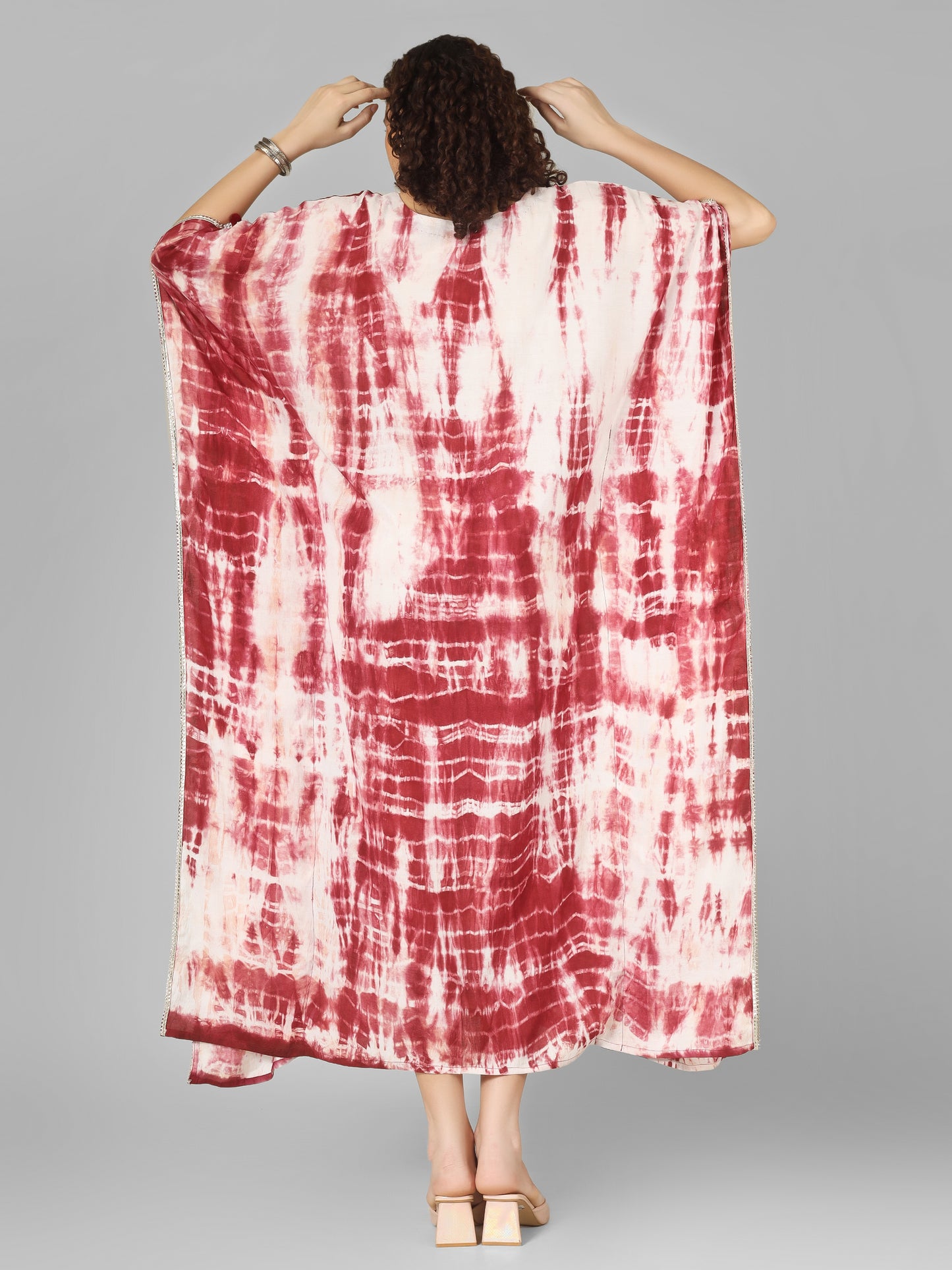 Long kaftan dress in tie dye with silver lace perfect for festive parties