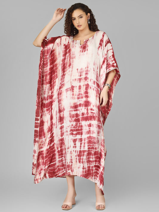 Long kaftan dress in tie dye with silver lace perfect for festive parties
