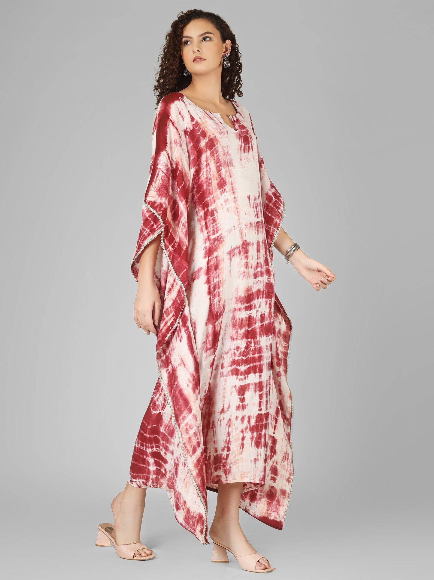 Long kaftan dress in tie dye with silver lace perfect for festive parties