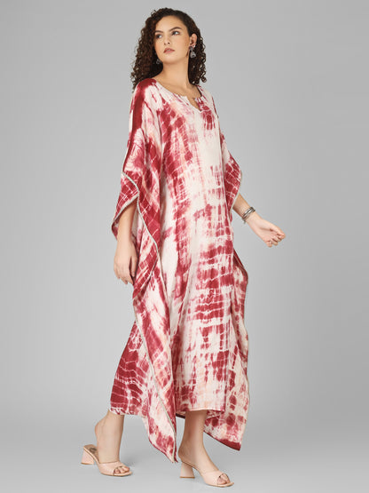 Long kaftan dress in tie dye with silver lace perfect for festive parties