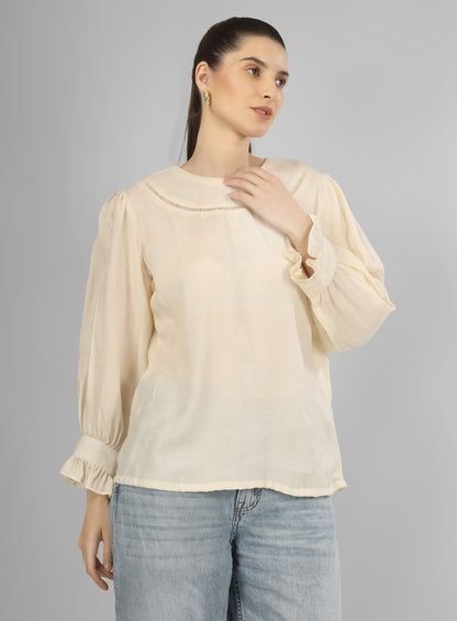 Offwhite Summer Top with Gathered Sleeves & Lace Neck Detailing