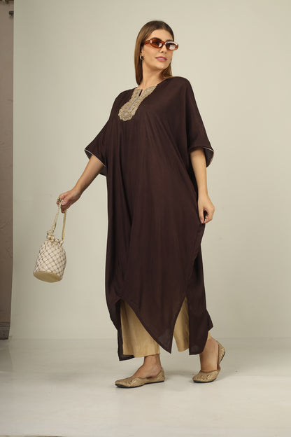 Make a statement in style with our chocclate brown kaftan suit set