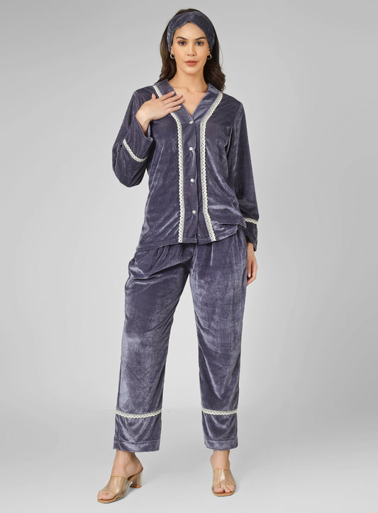 Trendy front open grey lounge wear with piping detailing with head band.