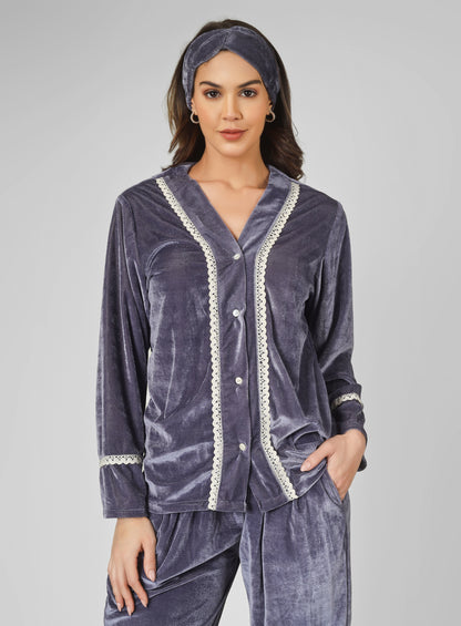 Trendy front open grey lounge wear with piping detailing with head band.