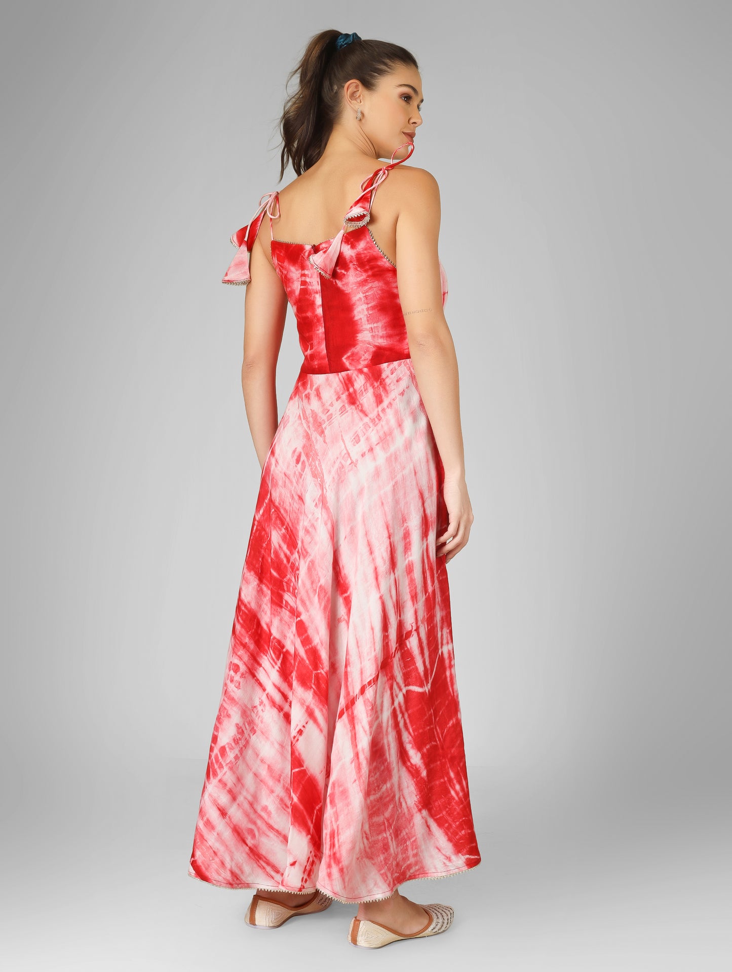 Flowy Tie-Dye Backless Dress with Silver Kinari Tassels | Festive Floor-Length Dress