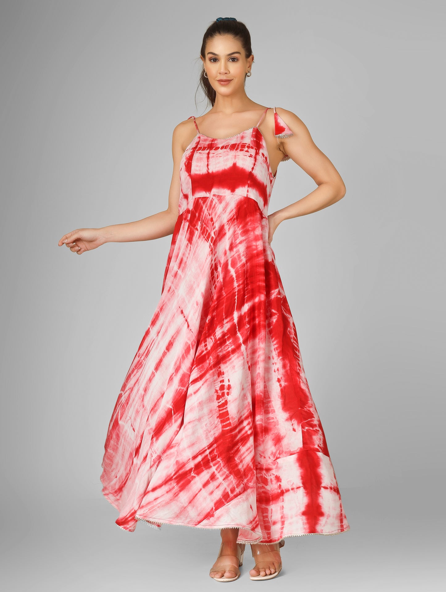 Flowy Tie-Dye Backless Dress with Silver Kinari Tassels | Festive Floor-Length Dress
